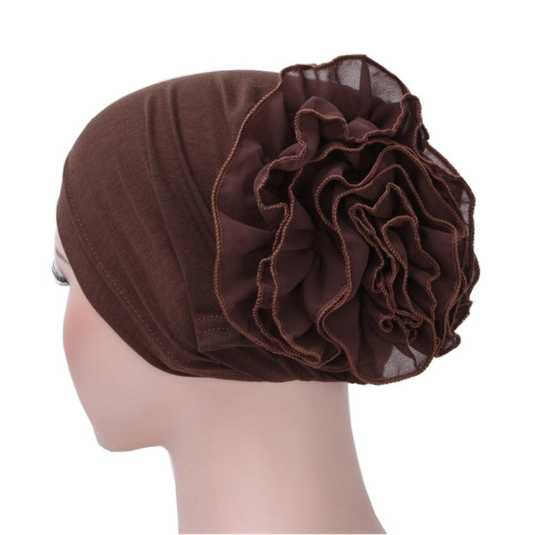 Solid Color Chiffon Big Cap Flower Pullover Turban Hat, One Size