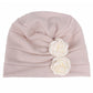 Light beige chemo cap with pleated crown and two-tone fabric rose applique