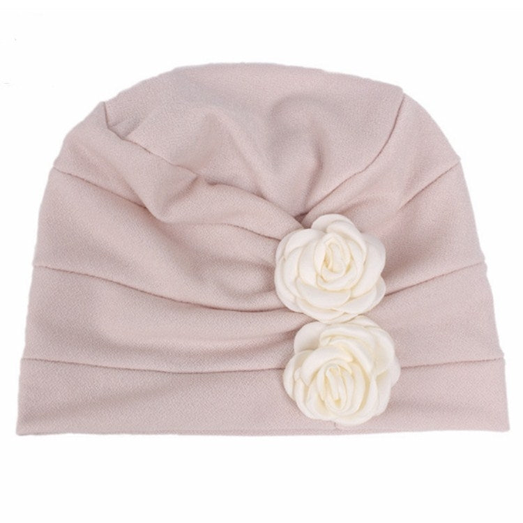 Light beige chemo cap with pleated crown and two-tone fabric rose applique