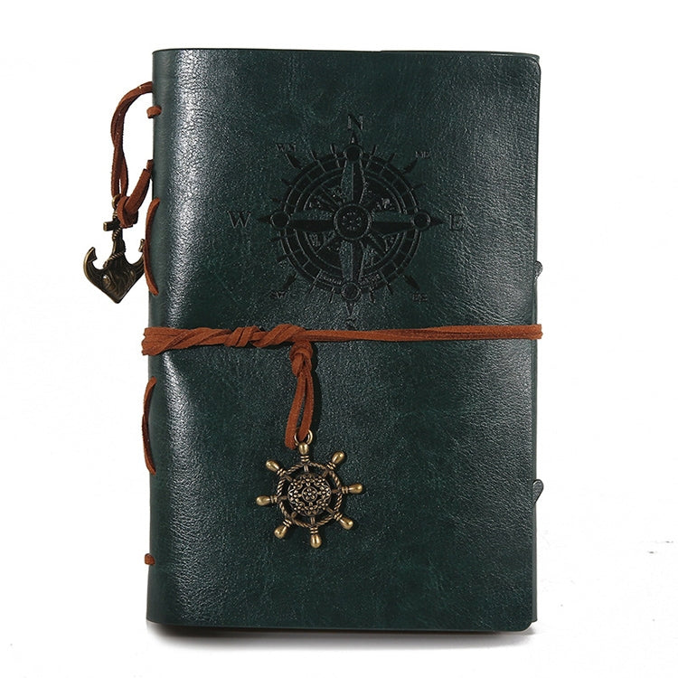 Pirate compass spiral notebook diary, teal PU leather cover with wrap strap and wheel charm