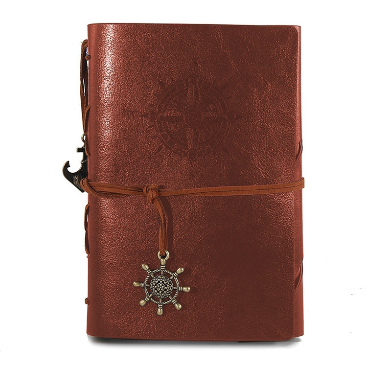 Pirate compass spiral notebook diary, brown PU leather cover with wrap strap and wheel charm