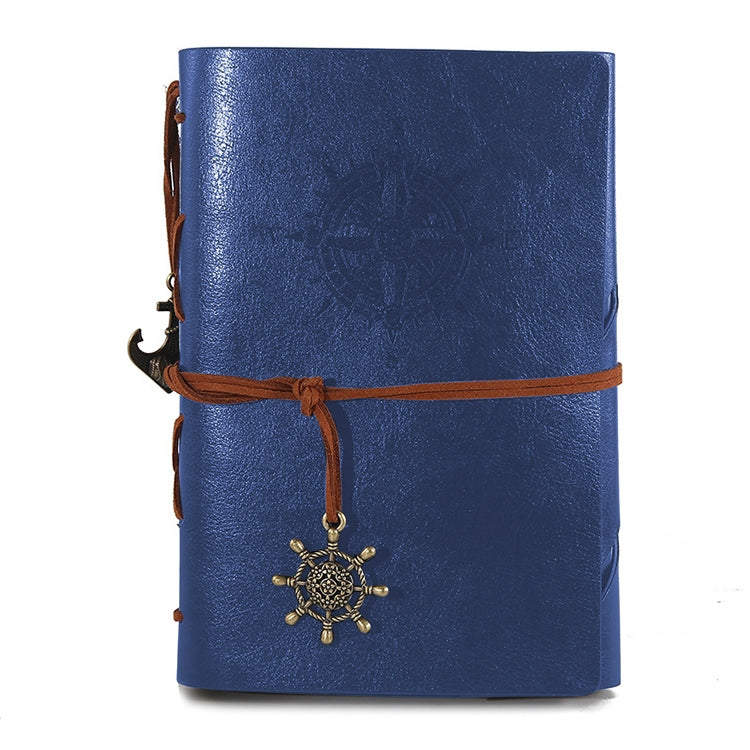 Pirate compass spiral notebook diary, blue PU leather cover with wrap strap and wheel charm