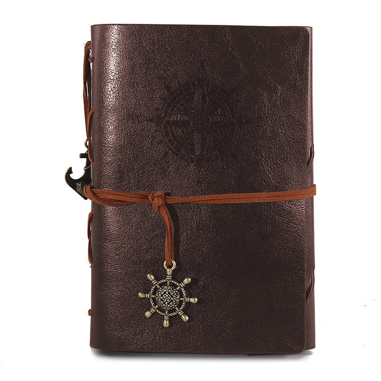Pirate compass spiral notebook diary, dark brown PU leather cover with wrap strap and wheel charm