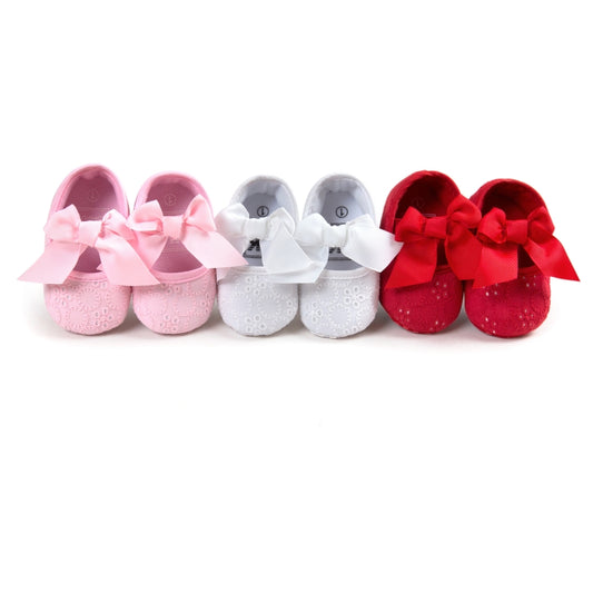 Toddler princess shoes set with bows in pink, white, gray, and red tones