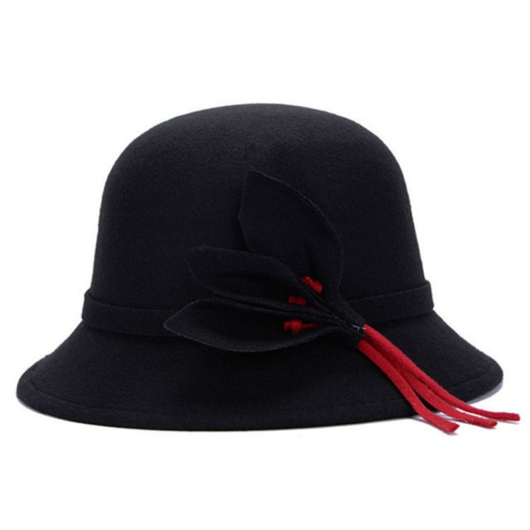 Black wool felt ladies wide-brim hat with fabric flower and red bow ties