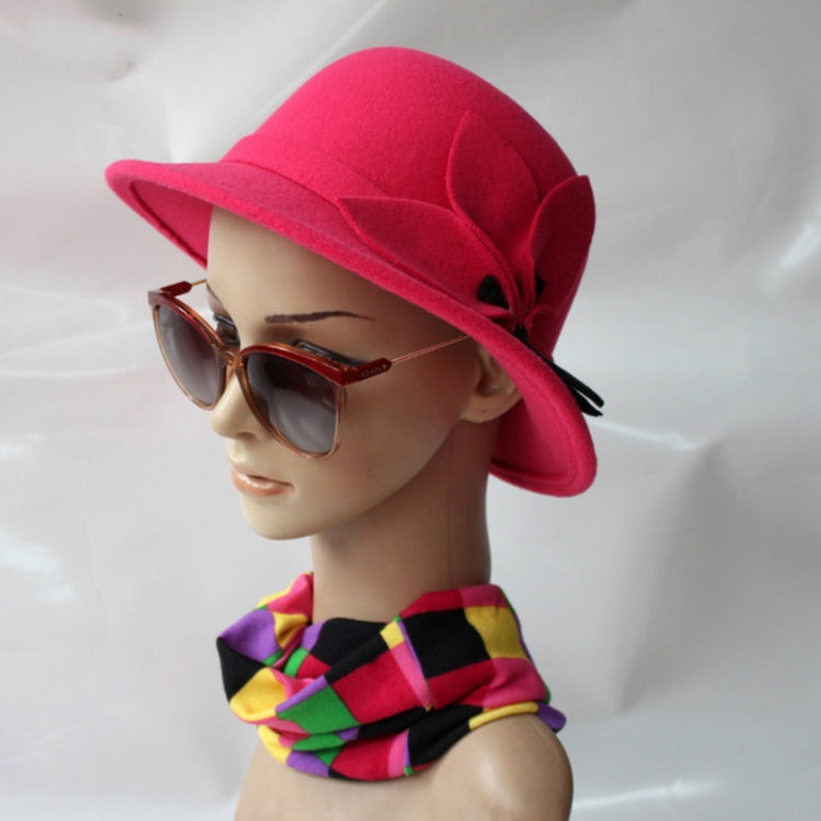 Hot pink wool felt ladies wide-brim hat with large flower detail and bow tie