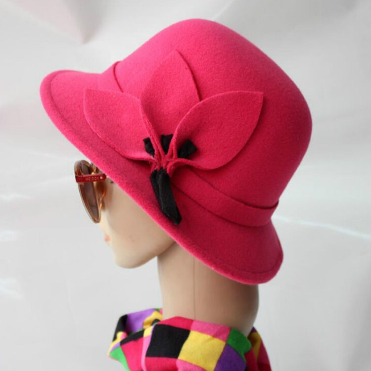 Rose red wool felt pot hat with brim and flower decoration