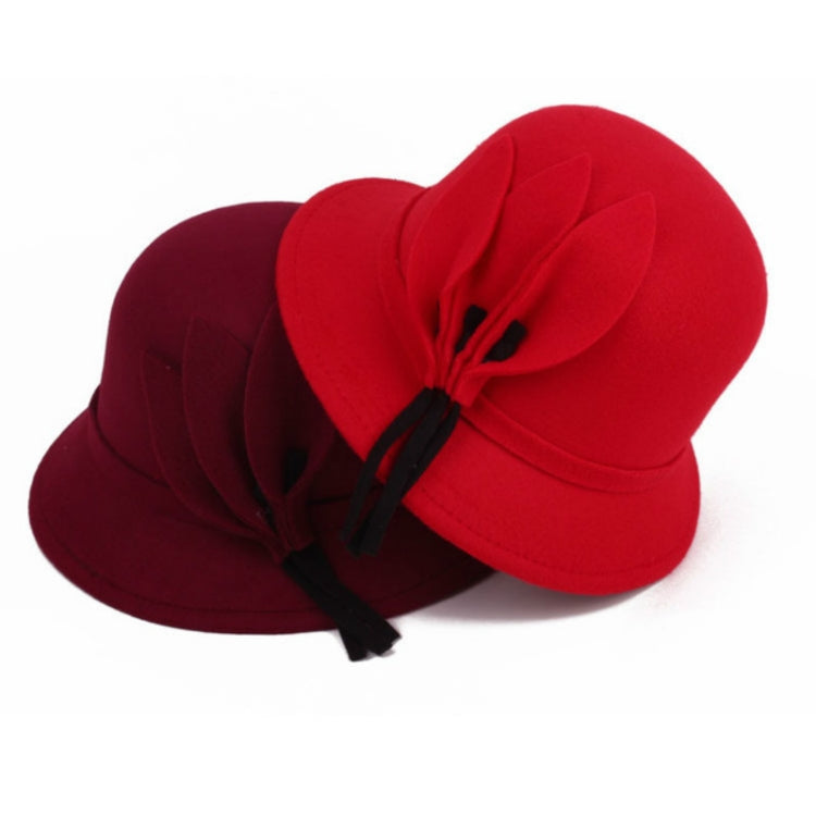Red wool felt ladies wide-brim hat with oversized flower and black bow ties