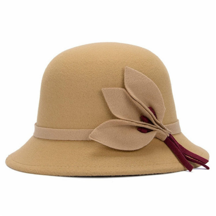 Camel wool felt ladies wide-brim hat with layered flower decoration and dark tie