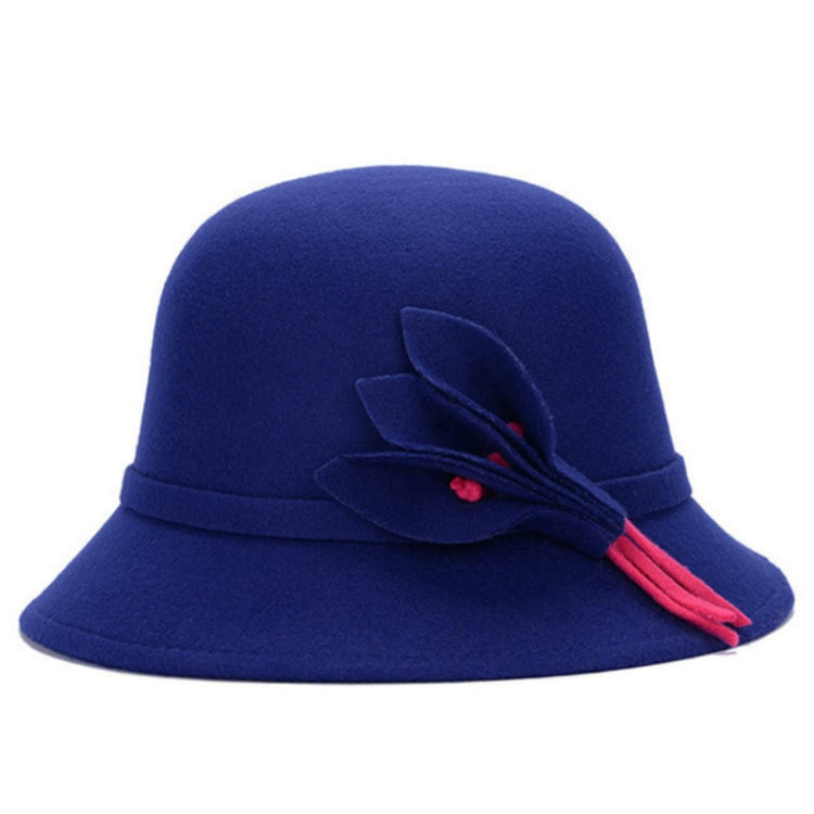 Royal blue wool felt ladies wide-brim hat with fabric flower and red tie ribbon
