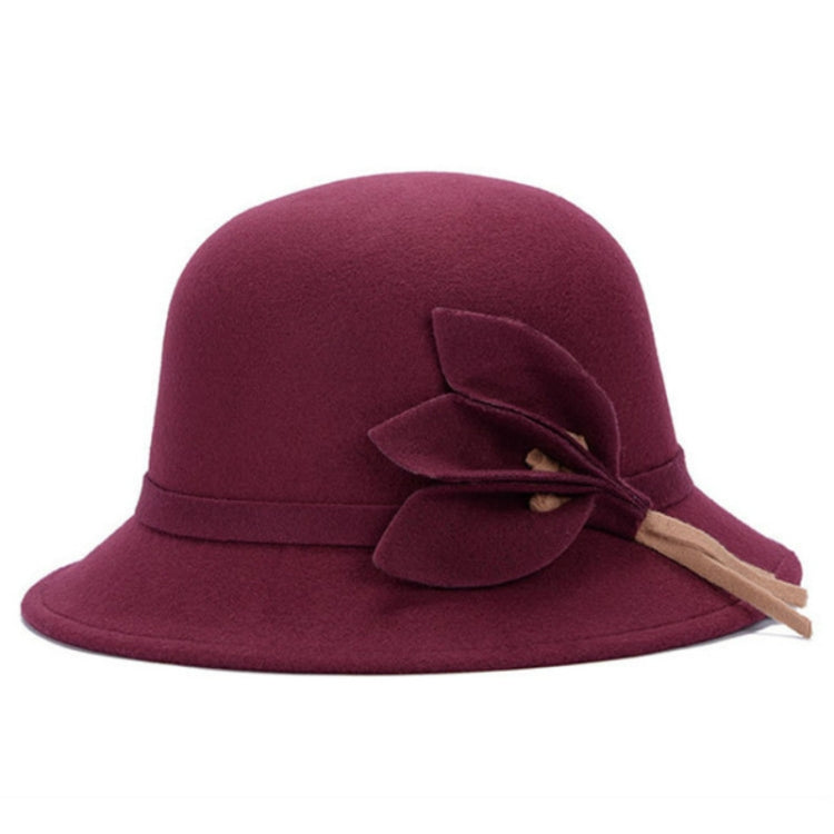 Burgundy wool felt ladies wide-brim hat with layered flower decoration and beige tie