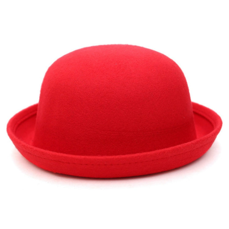 Red wool felt dome hat with rolled brim, simple rounded crown