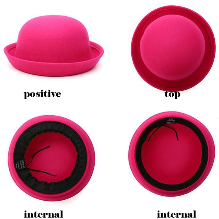 Pink felt dome hat with rolled brim, top and underside views