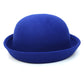 Blue felt dome hat with rolled brim and smooth rounded crown