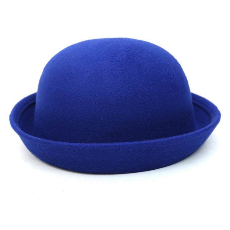 Blue felt dome hat with rolled brim and smooth rounded crown