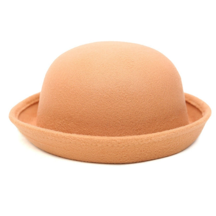 Beige khaki felt dome hat with rolled brim and soft rounded crown