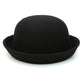 Black felt dome hat with rolled brim and smooth rounded crown