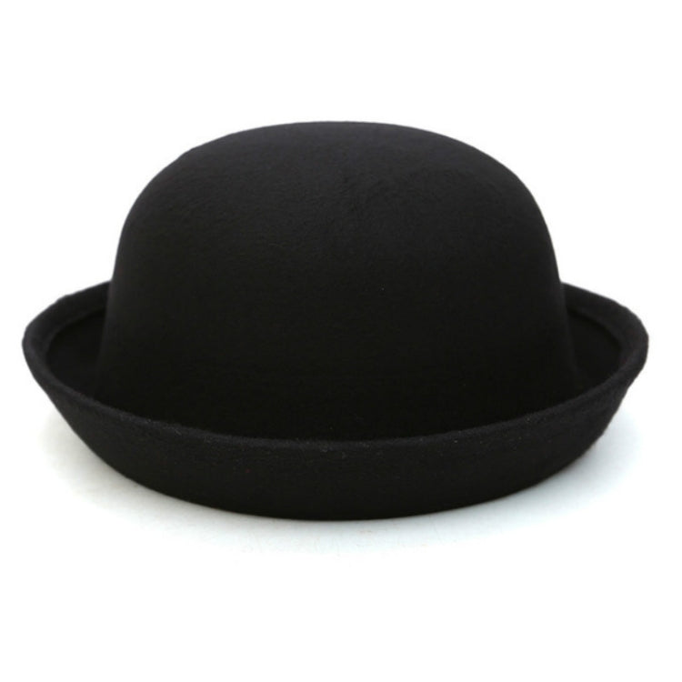 Black felt dome hat with rolled brim and smooth rounded crown
