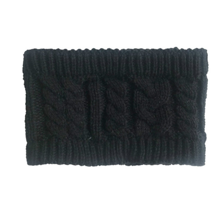 Black knit wool earmuff headband with cable-knit weave and ribbed border