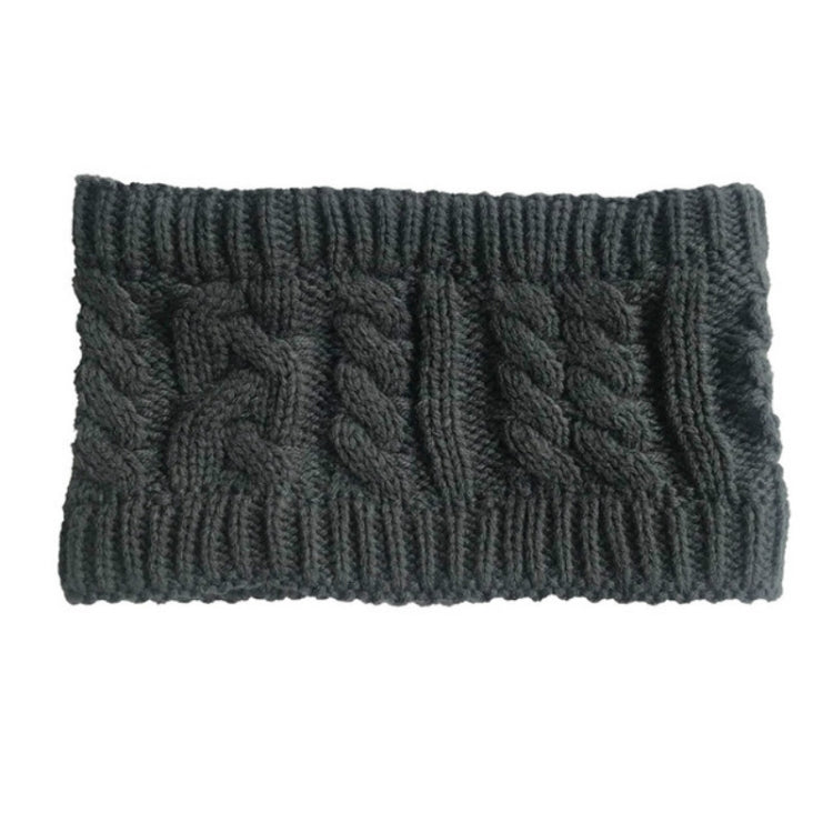 Dark gray knit wool earmuff headband with cable-knit pattern and ribbed edges