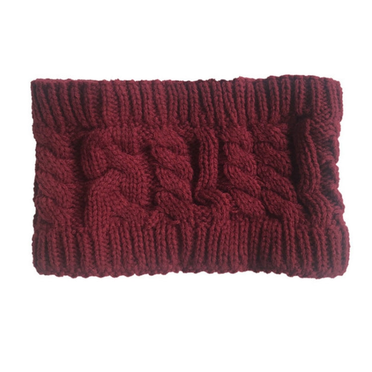 Burgundy knit wool earmuff headband with cable-knit texture and ribbed border
