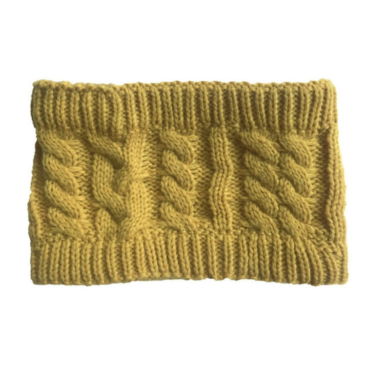 Mustard yellow knit wool earmuff headband with cable-knit texture and ribbed edges