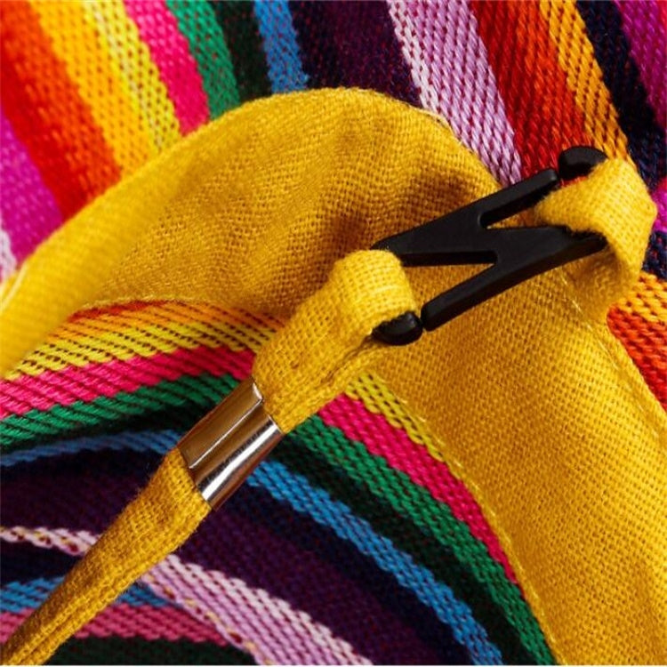 Yellow striped hat fabric with multicolor trim and black adjustable ties