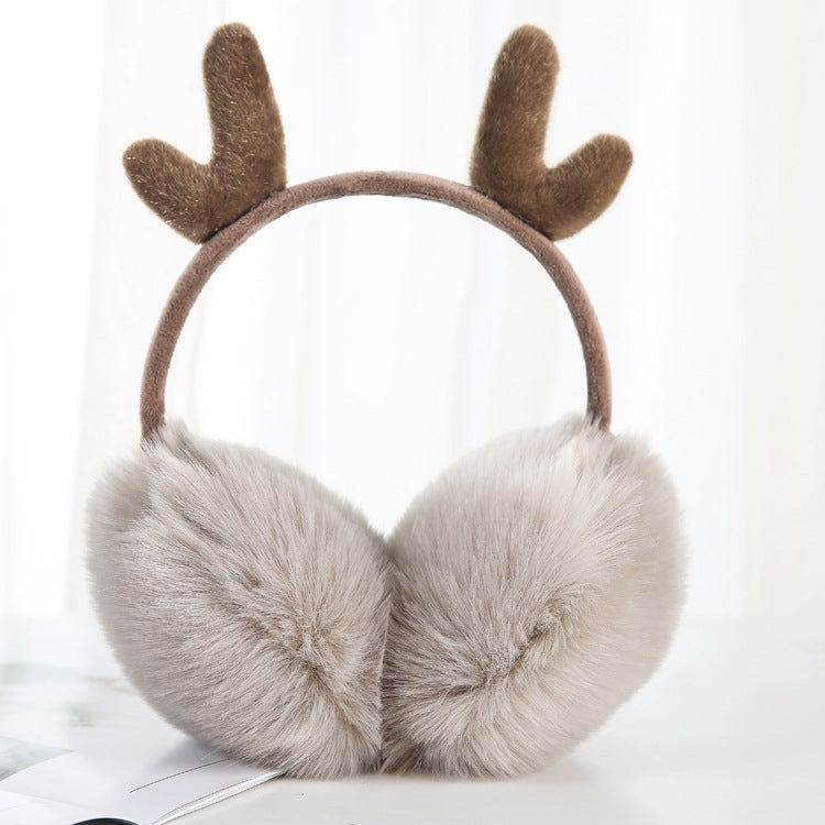 Khaki plush antler earmuffs with soft fur ear covers and padded headband