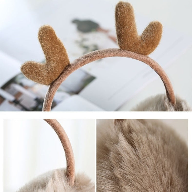 Khaki antler headband earmuffs with fluffy ear pads and brown faux antlers