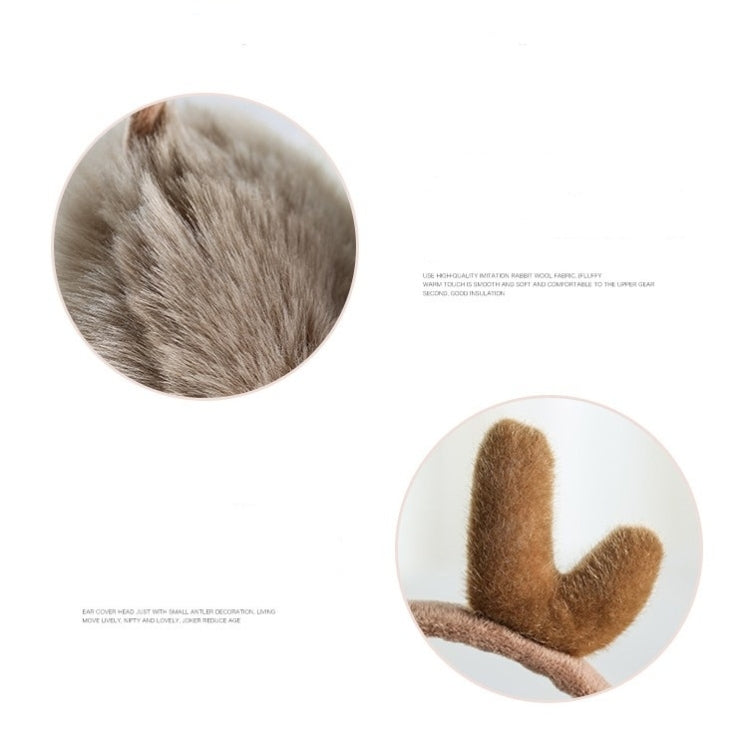 Khaki plush earmuffs with brown antlers; close-up of soft fur ear padding