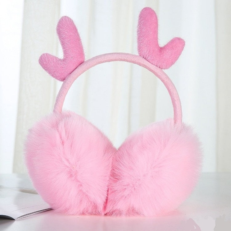 Pink plush antler earmuffs with fluffy ear covers and pink padded headband