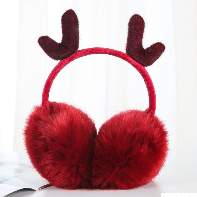 Wine red plush antler earmuffs with fluffy ear pads and red faux antlers