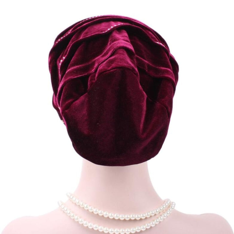 Red wine pleuche turban hat with soft gathered fabric, back view