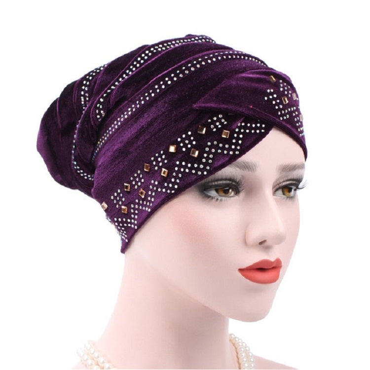 Adjustable rhinestone turban hat in dark purple with sparkling bead trim