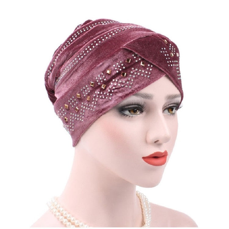 Adjustable rhinestone turban hat in maroon with sparkling bead and rhinestone trim