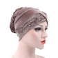 Adjustable rhinestone turban hat in taupe-brown with sparkling bead trim