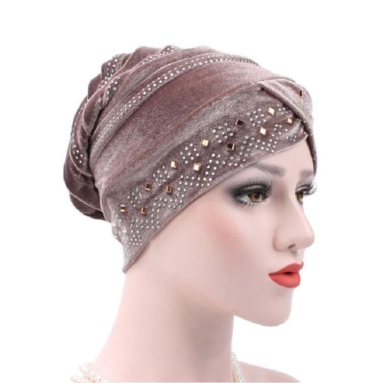 Adjustable rhinestone turban hat in taupe-brown with sparkling bead trim