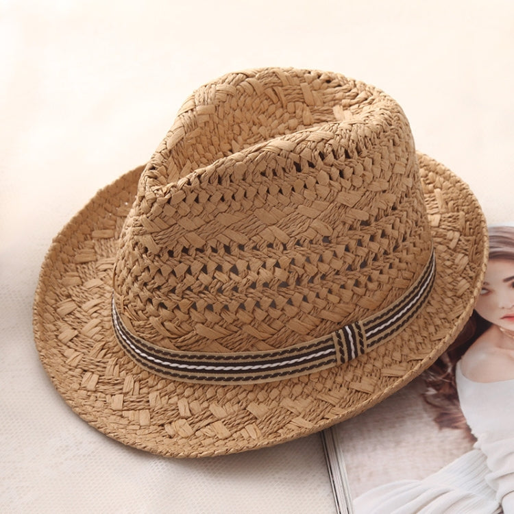 Children's khaki straw panama hat, wide brim, woven texture with dark striped band