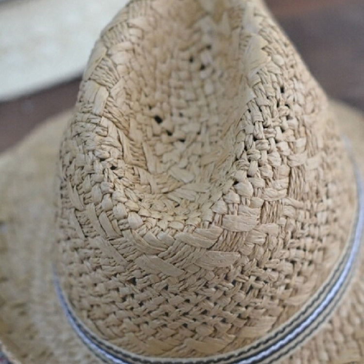 Children's khaki woven straw panama hat side view with dark striped band trim