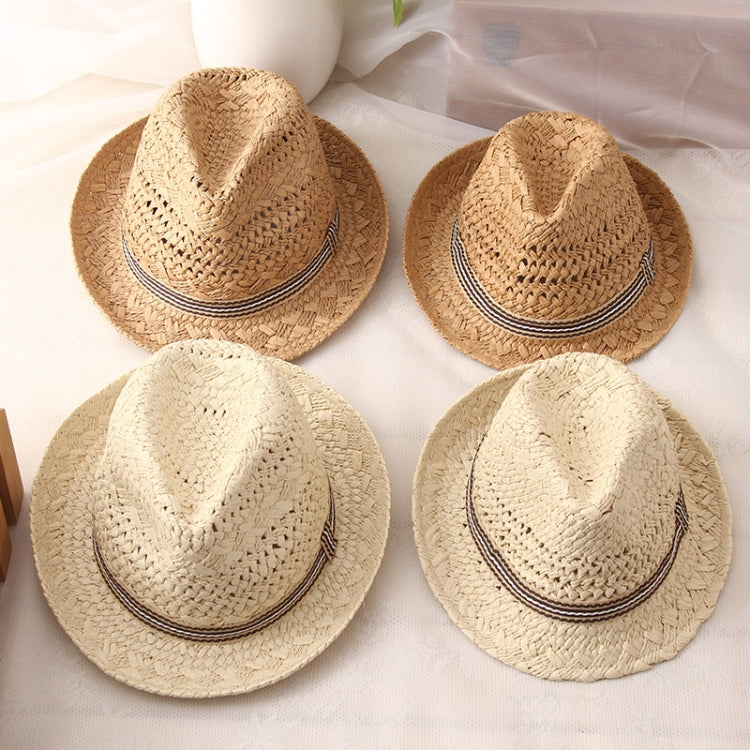 Set of four children's straw panama hats in khaki and light tones with striped bands