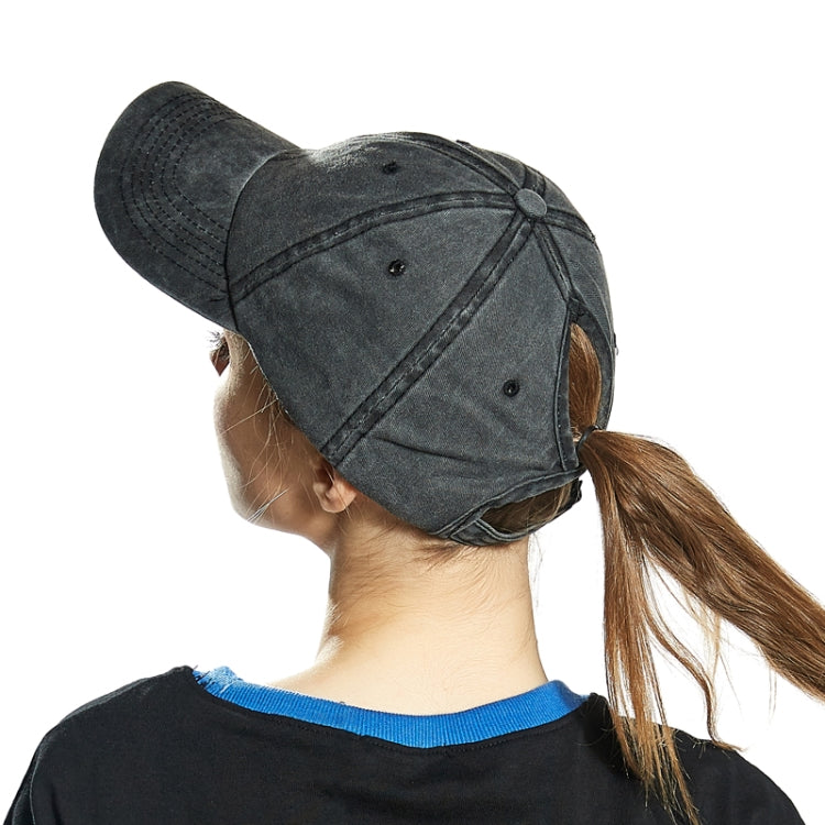 Dark gray washed cotton baseball cap worn by woman, side and back view