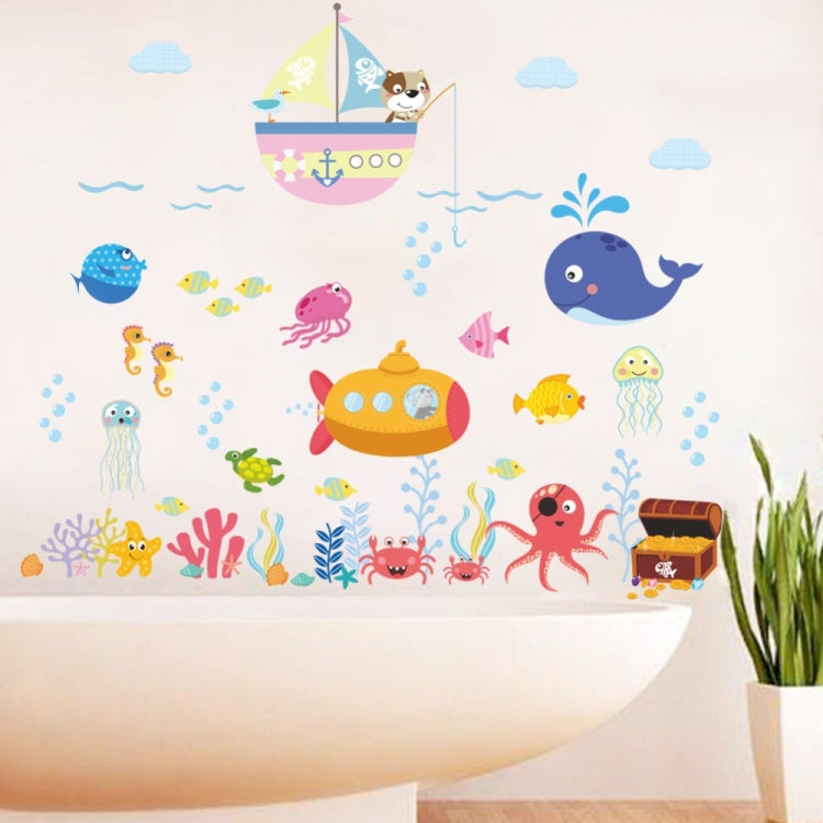 Ocean cartoon wall stickers featuring whale, ship, submarine, octopus, fish, coral and bubbles