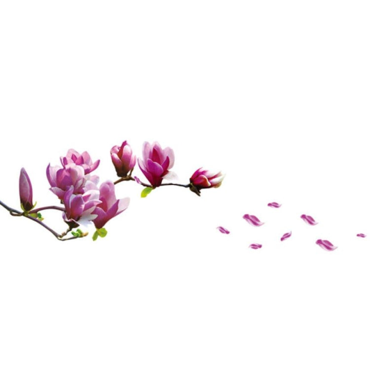 Magnolia blossom wall decal with pink flowers on branches and scattered petals