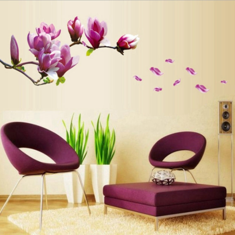 Magnolia wall decal with pink blossoms, branches, and a scattered petal pattern