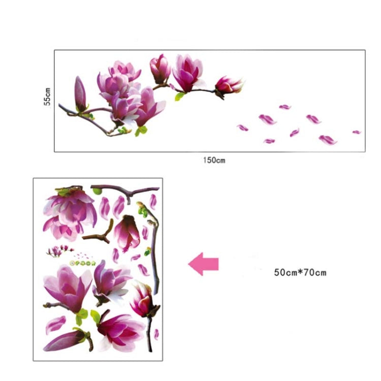 Magnolia wall decal sheet diagram with pink flowers and petals; 50×70cm shown
