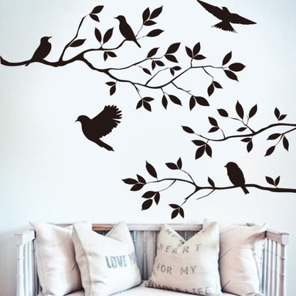 Bird and branch wall sticker decal with black silhouettes and leafy vines