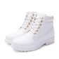 White pair of lace-up Martin boots with side panel stitching and chunky outsole