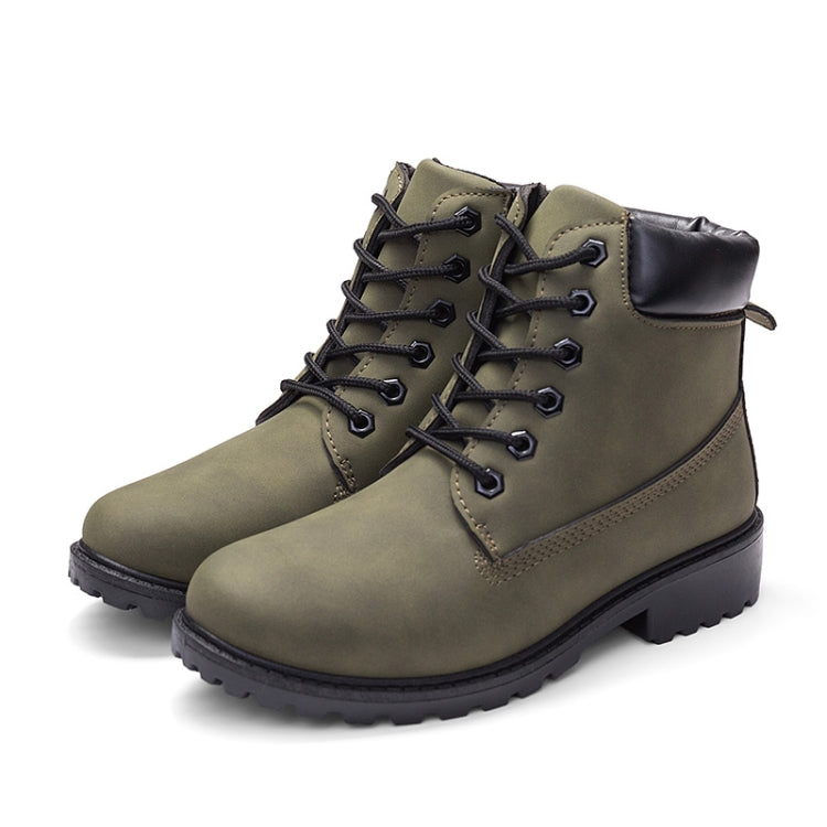 Olive green lace-up ankle boots with padded collar and chunky tread sole