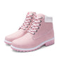 Light pink lace-up ankle boots with padded collar and chunky rubber sole