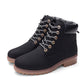 Pair of black lace-up warm ankle boots with padded collar and rugged tread sole